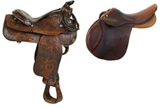 Two, brown saddles are shown next to each other