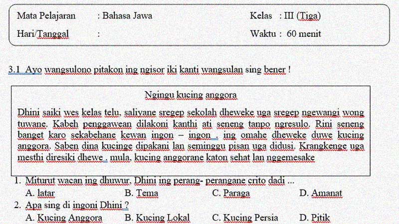 Soal Penilaian Tengah Semester 1 Bahasa Jawa Kelas 3 Dan Kunci Jawaban Sekolahdasar Net