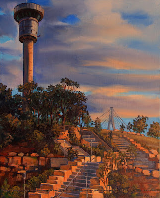 Plein air oil painting of the Harbour Control Tower by industrial heritage artist Jane Bennett