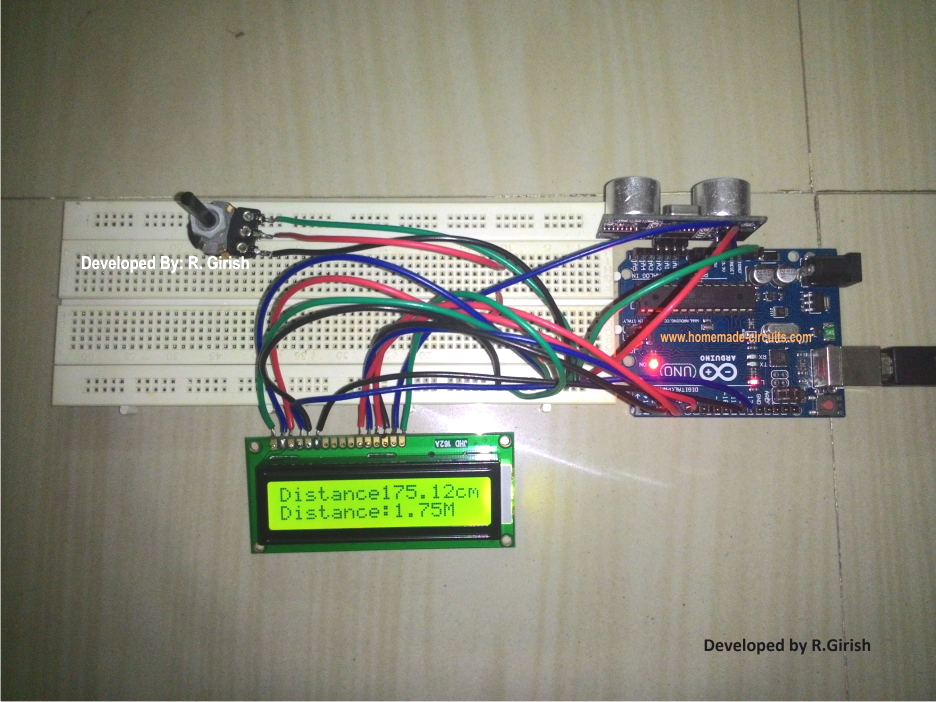 Tested working model of Ultrasonic Distance Meter Circuit Using 16x2 LCD