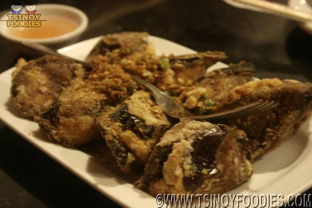 pan fried eggplant stuffed with minced shrimp