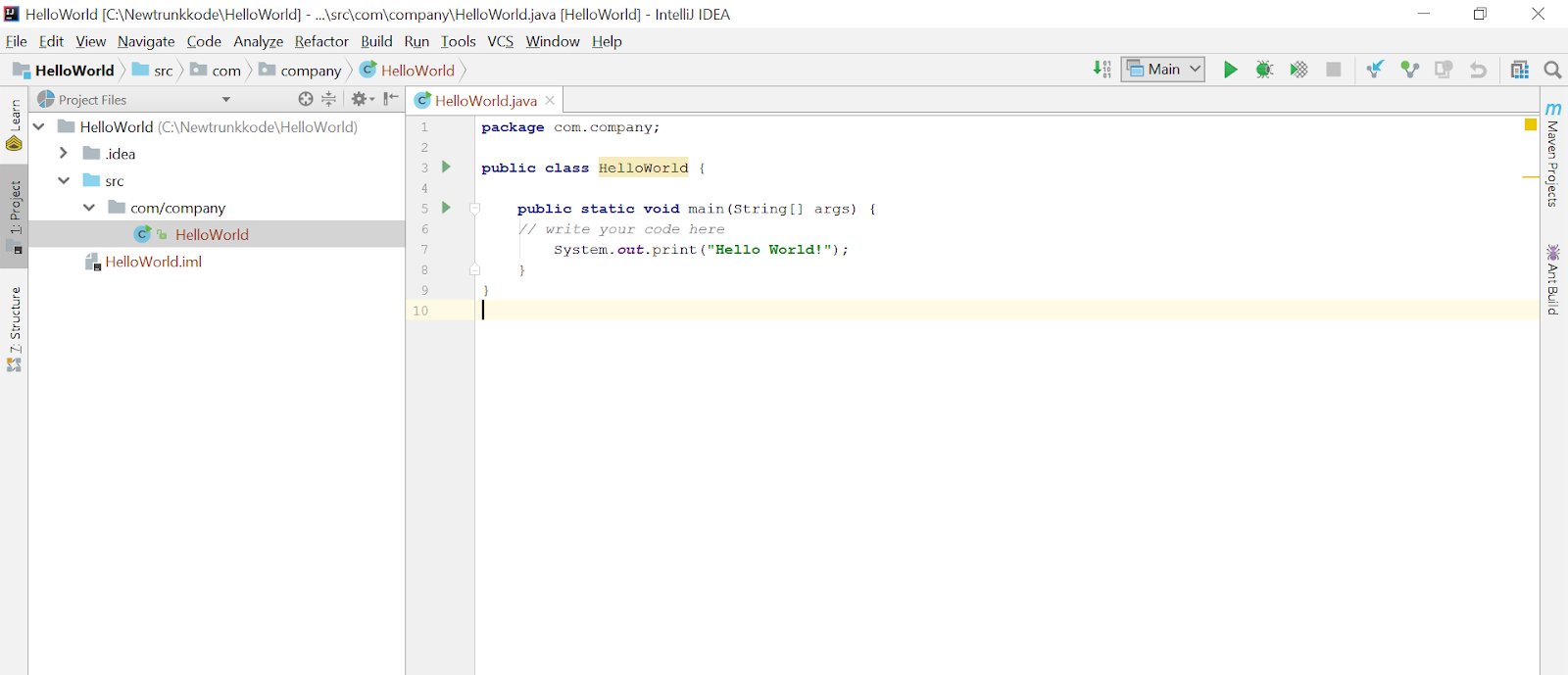 Hello World java program using Intellij
