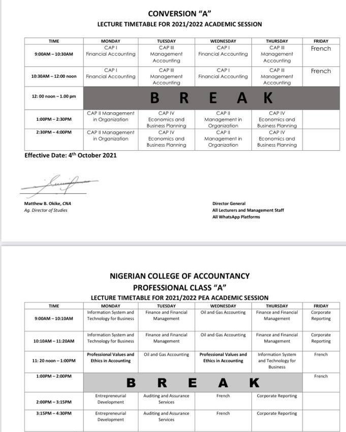 NCA Kwall (ANAN) Lecture Timetable for 2021/2022 Session