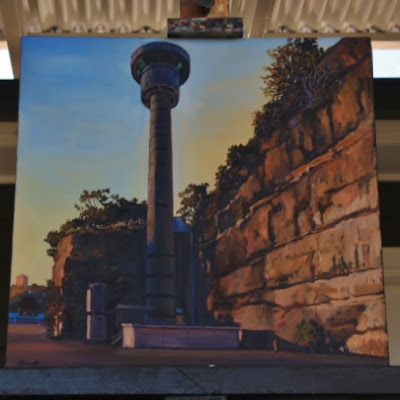 Plein air oil painting of the Harbour Control Tower from the East Darling Harbour Wharf, now Barangaroo painted by Jane Bennett