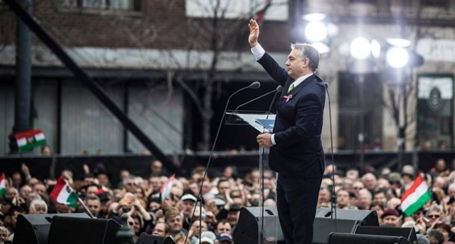 Prime Minister Viktor Orbán's in front of the National Museum giving his anniversary speech of the 1848 Revolution 