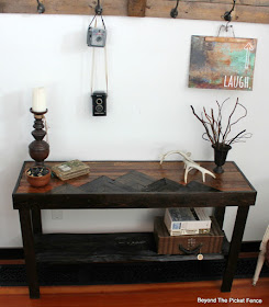 Reclaimed Wood Sofa Table Table with a mountain design made from reclaimed wood