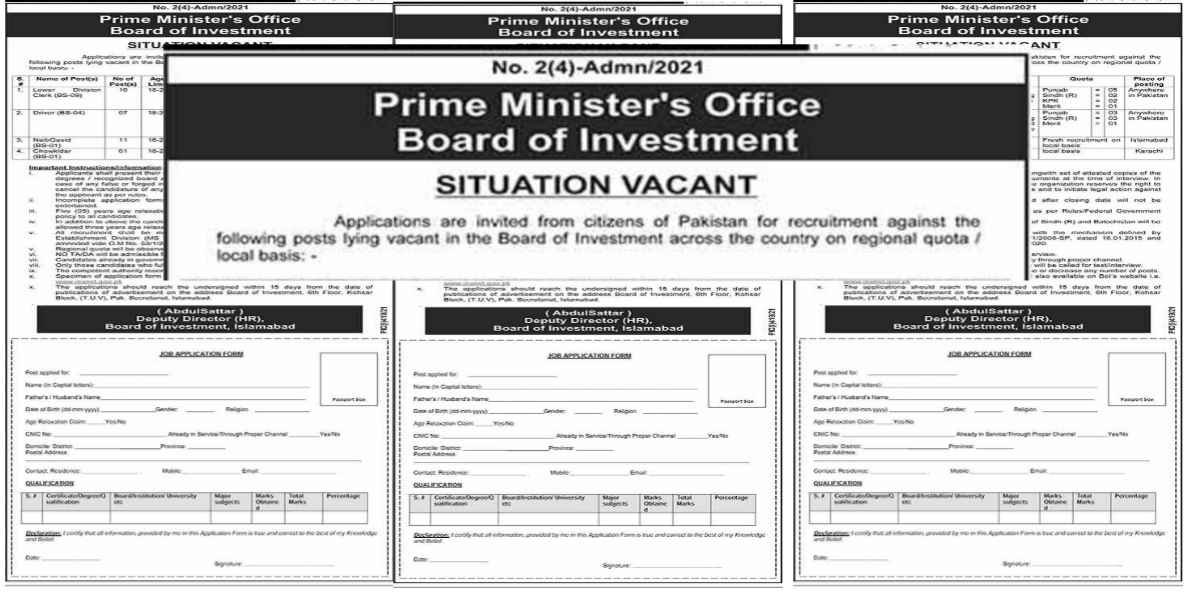 Prime Minister's Office Board of Investment Jobs 2021 For Lower Division Clerk LDC, LTV Driver, Naib Qasid and Chowkidar