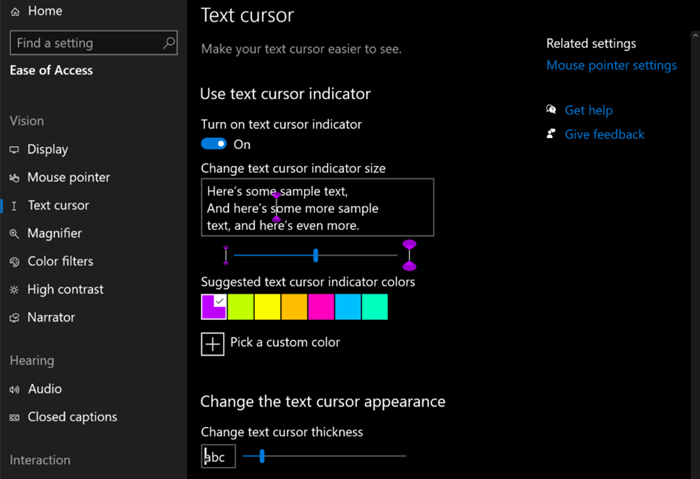 Windows 10 change Text cursor size