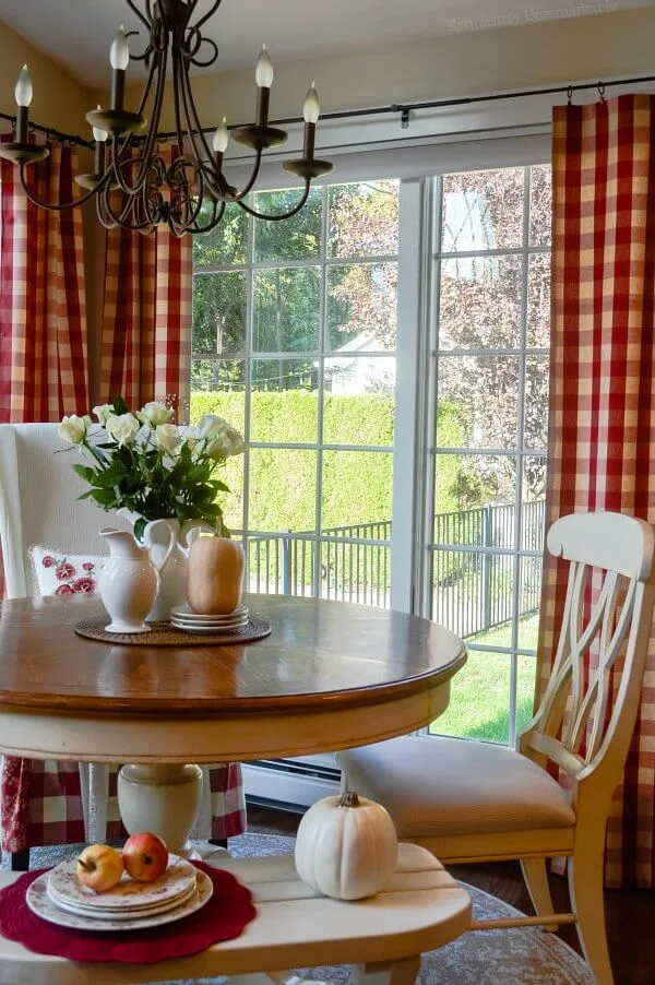 Fall Kitchen Nook with red checked curtains and roses on the table