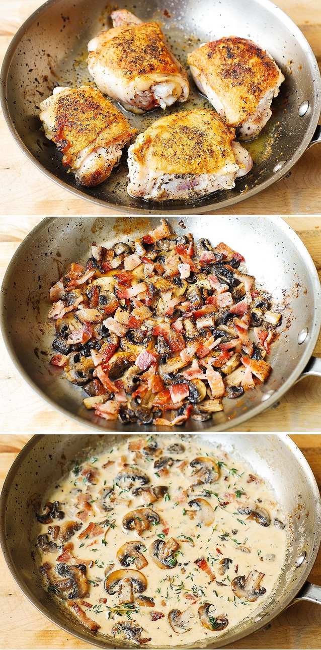 Chicken Thighs with Creamy beef Mushroom Thyme Sauce Food