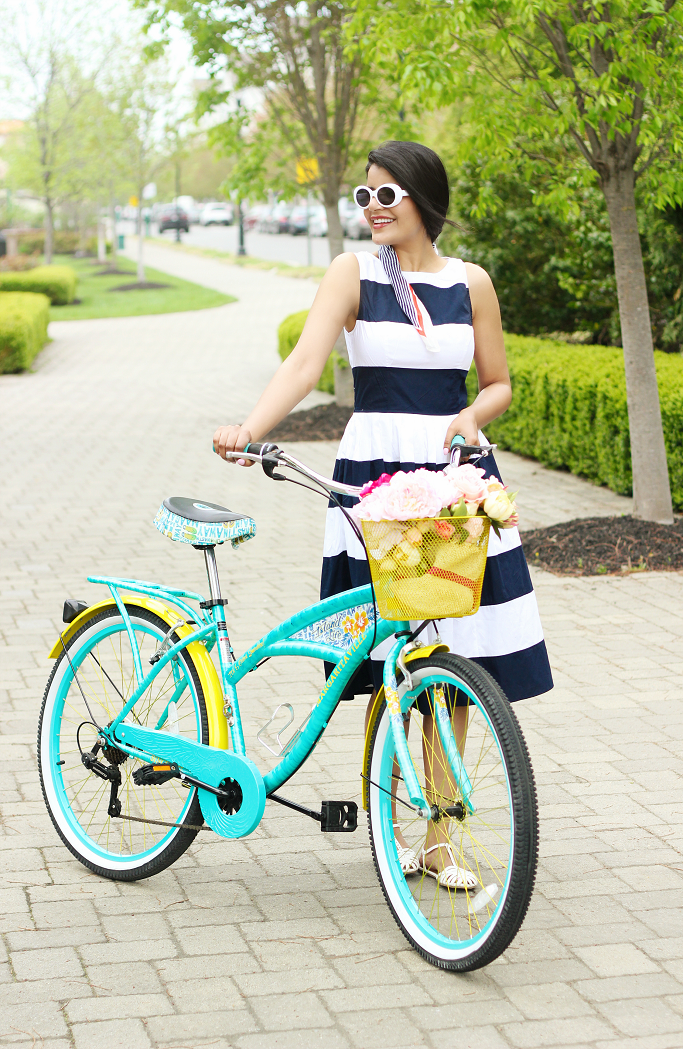 Fit & Flare Dress For Spring, Striped fit and flare dress, Blue and white striped dress, nautical dress for summer, blue and yellow bike for women, pretty cruisers for women