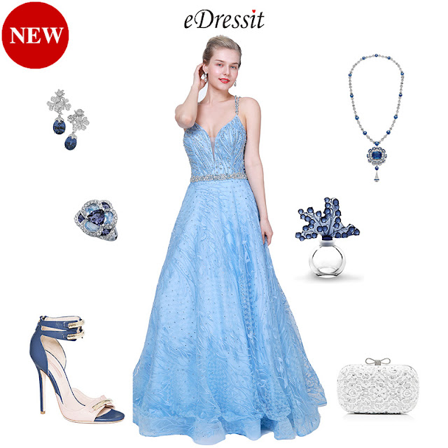 NEW BLUE V-CUT BEADED TULLE LONG PARTY PROM DRESS