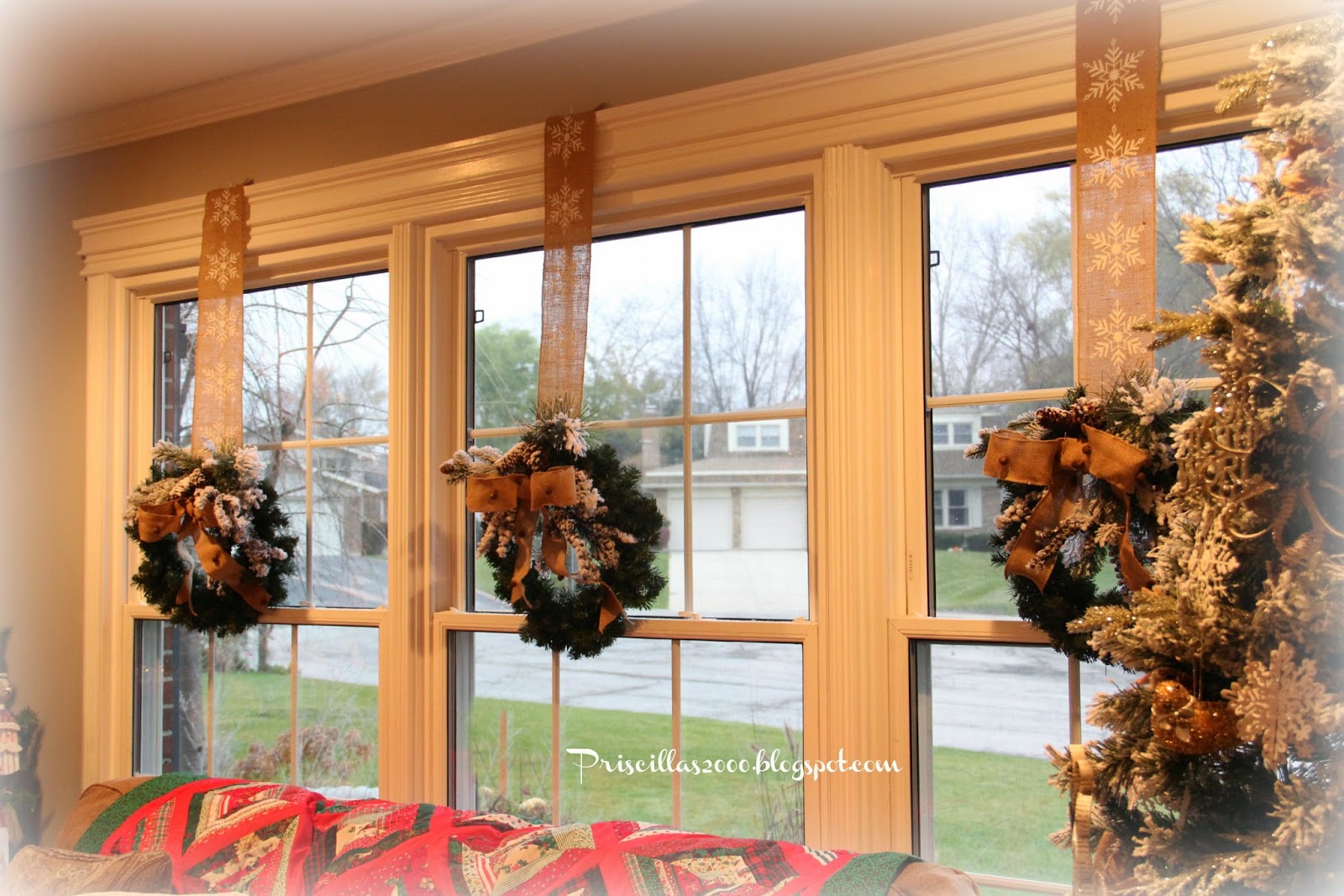 Priscillas Flocked Wreaths in The Living Room