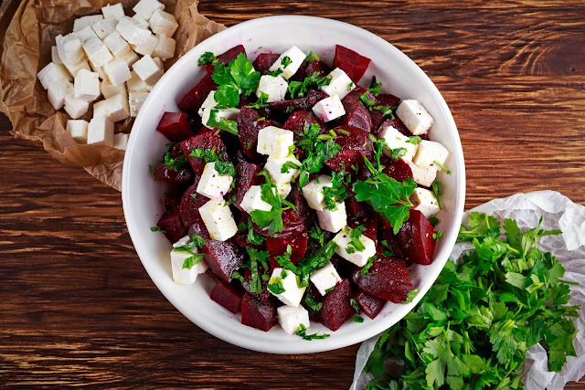 Beetroot and feta cheese salad with quandongs and lemon myrtle dressing