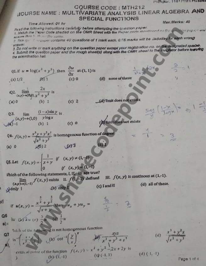 MTH212 : Multivariate Analysis Linear Algebra and Special Functions Mid ...