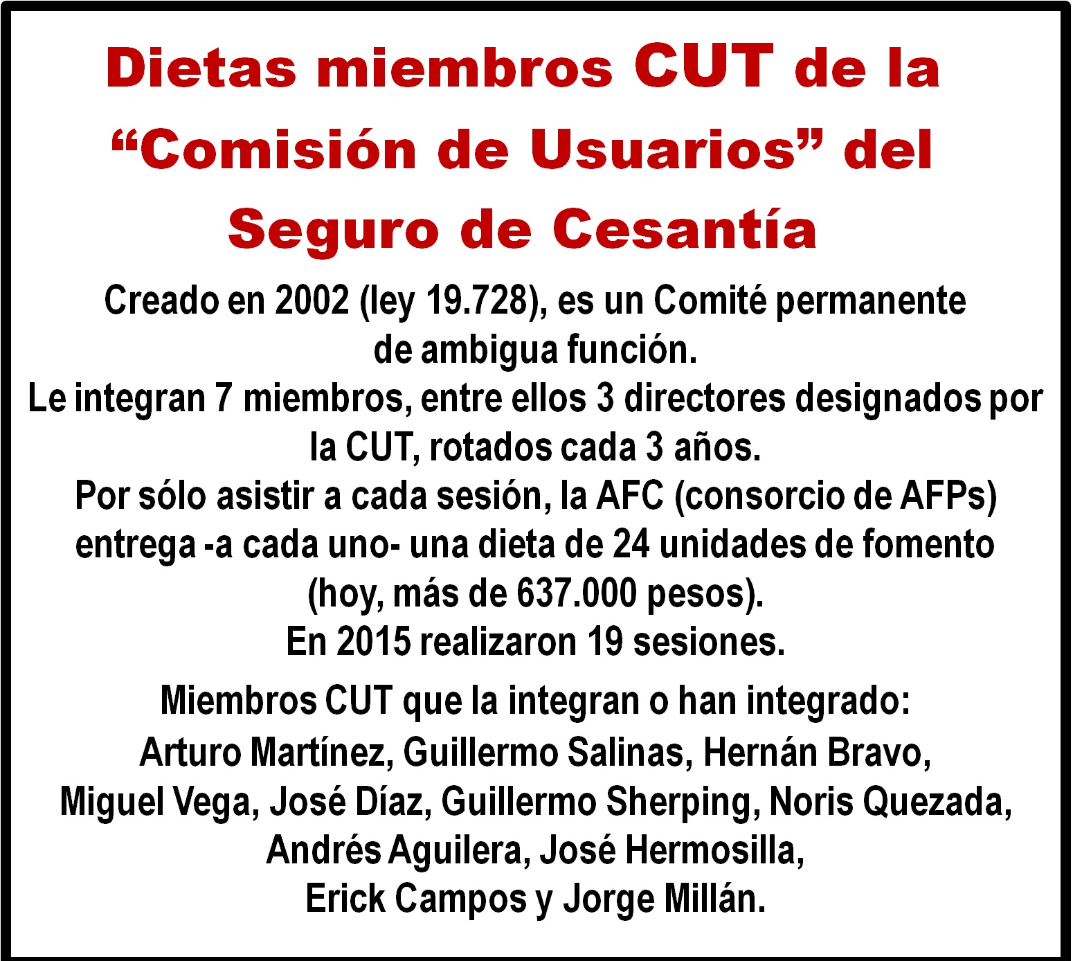 Dietas en dinero para miembros CUT en "Comisión de Usuarios" del Seguro de Cesantía.