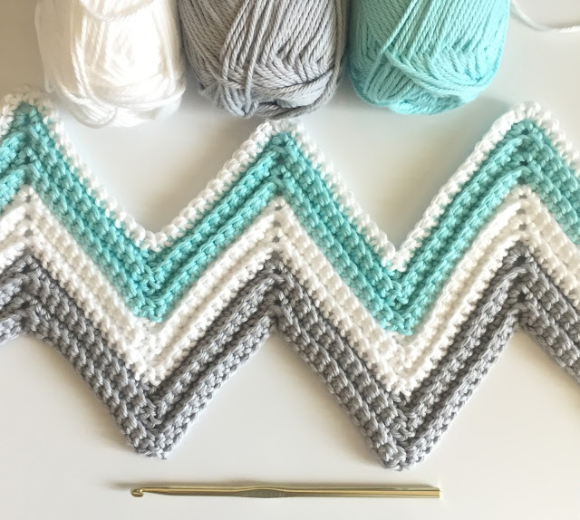 Daisy Farm Crafts Single Crochet Chevron Blanket in Mint, Gray, and White