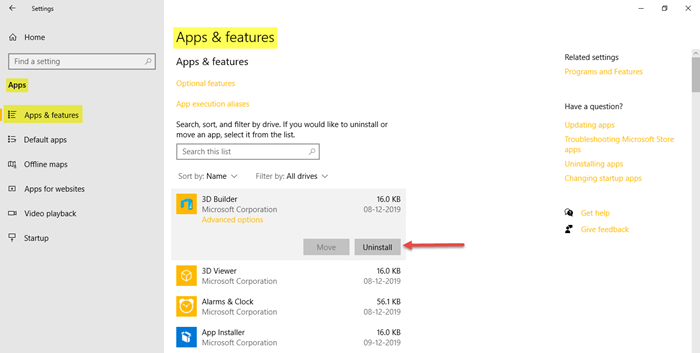 App e funzionalità Impostazioni in Windows 10