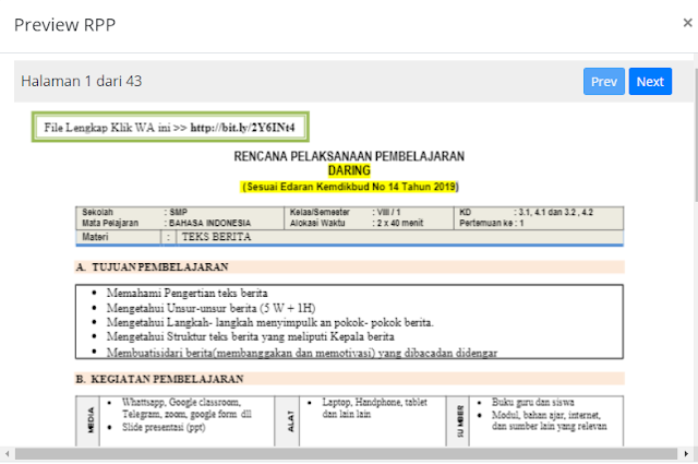 Download RPP Daring Bahasa Indonesia Kelas 8 Semester 1 dan 2 Gratis