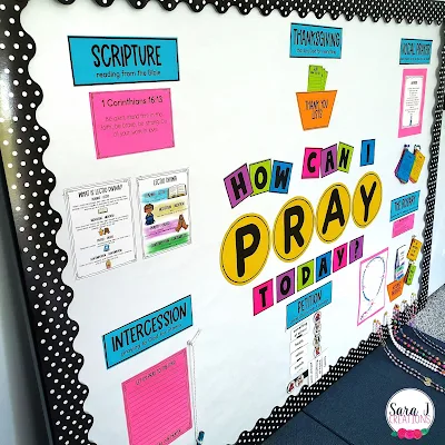 Teach your students 6 different ways to pray with this Catholic Prayers Bulletin Board. The perfect interactive bulletin board for Catholic classrooms