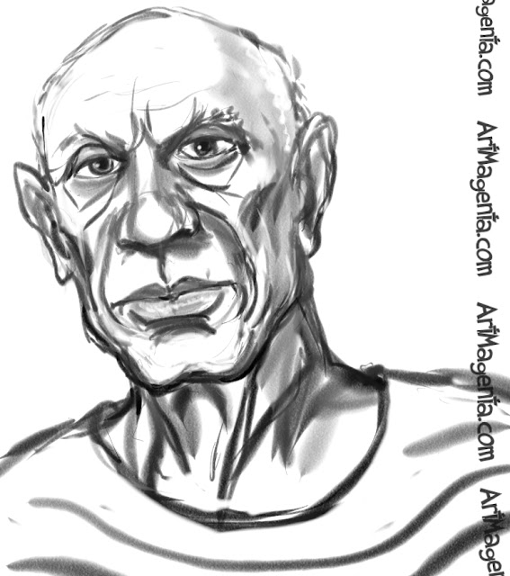 Pablo Picasso caricature cartoon. Portrait drawing by caricaturist Artmagenta.