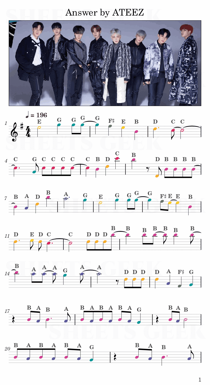 Answer by ATEEZ Easy Sheet Music Free for piano, keyboard, flute, violin, sax, cello page 1