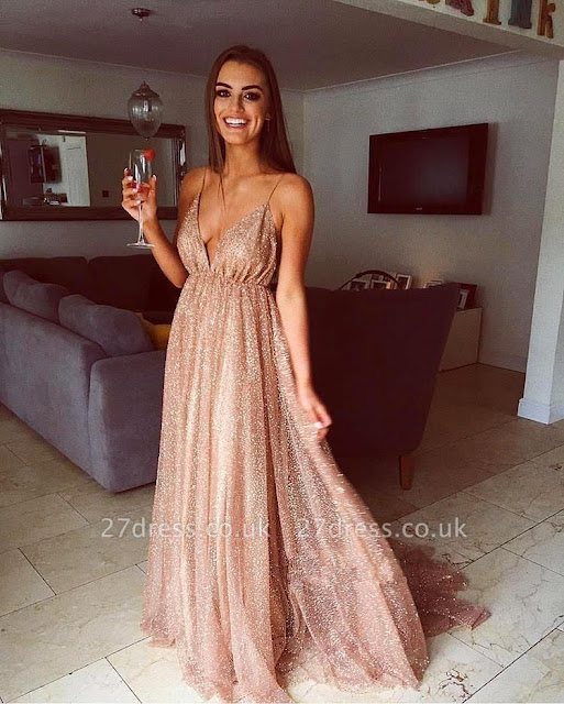 Simple Sequins A-Line Long Prom Gowns | Spaghetti Straps V-Neck Evening Dress UK