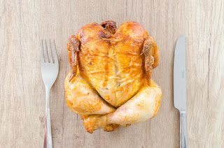 Roast chicken sitting on a bare wooden surface with a spoon and fork on either side