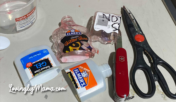 Swiss Army knife, kitchen scissors, Elmer's Glue