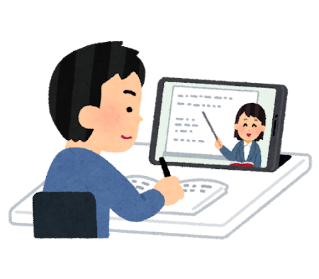 オンライン授業を受ける学生のイラスト（男性）