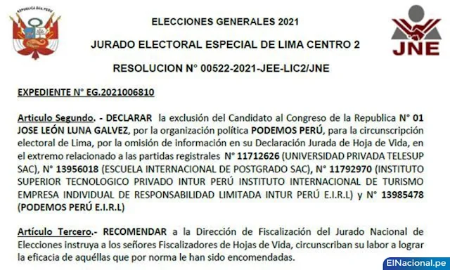JEE excluyó candidatura de José Luna Gálvez al Congreso
