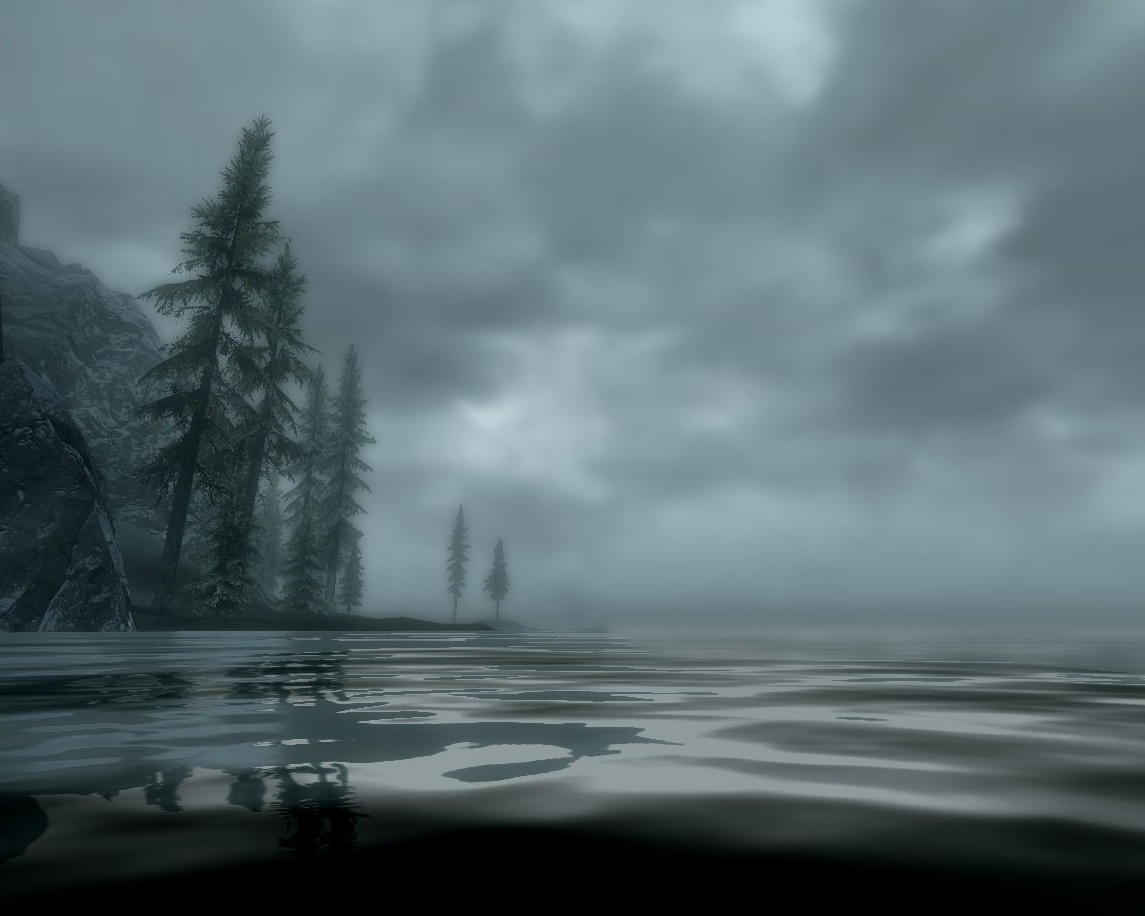 wide expanse of dark water, sky almost full of dark gray clouds, spruces on the shore on the left