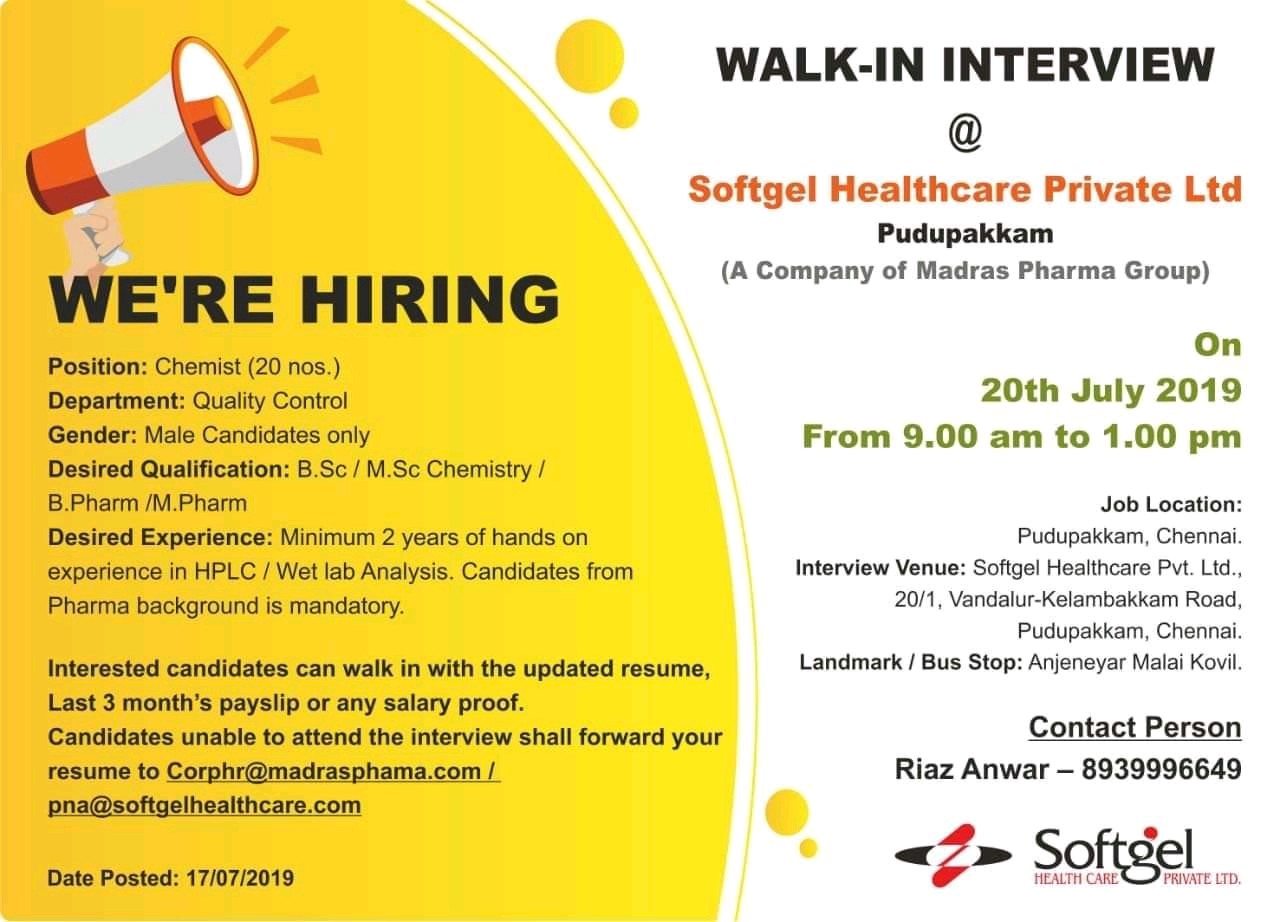 Softgel Pharma Walk in Interview For Quality Control 20 July 2019 softgel-pharma-walk-in-interview-for-quality-control-20-july-2019
