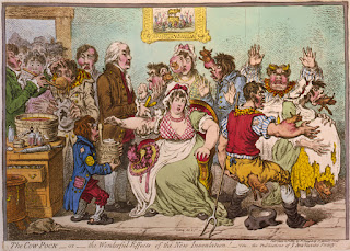 Edward Jenner'ın aşılama teorisini çevreleyen ve sığırların hastalardan ortaya çıkmasına neden olan çiçek hastalığı aşısının kullanıldığını gösteren 1802 tarihli bir karikatür.