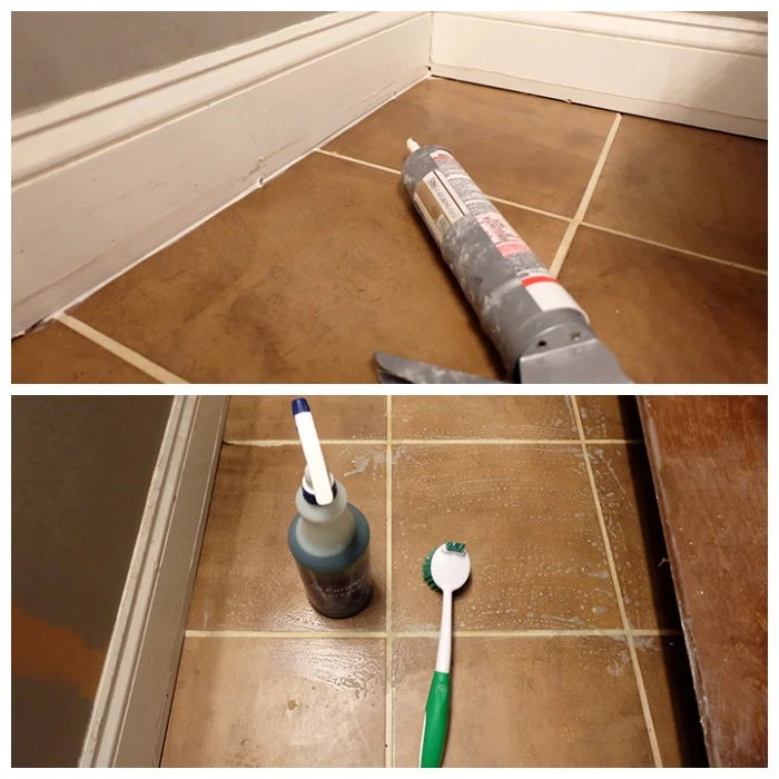 caulking gaps to prevent leaks and cleaning floor