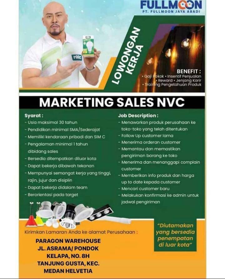 Marketing Sales Nvc Di Pt Fullmoon Jaya Abadi Informasi Lowongan Kerja Medan 2021 Terbaru Hari Ini