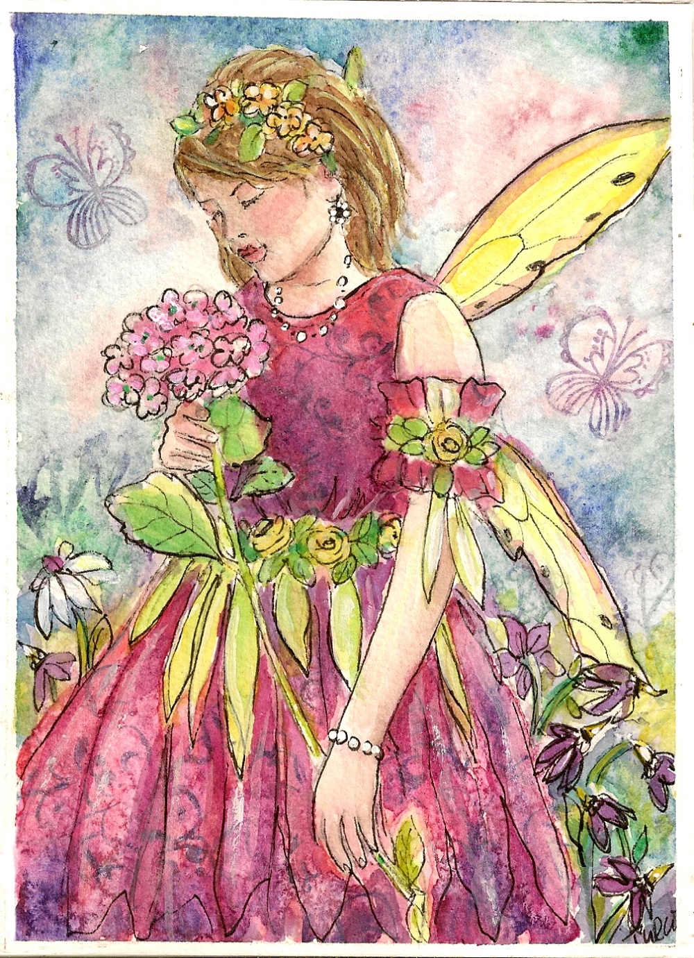 Fairies and Tails Original Fairy with Hydrangea watercolor painting