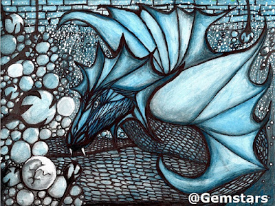 Anticipation dragon of blue dreams watercolor acrylic and ink 2019