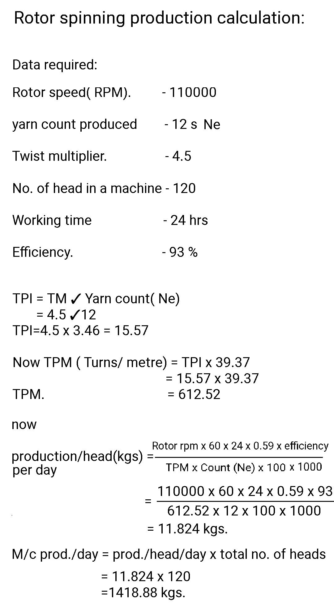Textile Adviser ROTOR SPINNING PRODUCTION CALCULATION