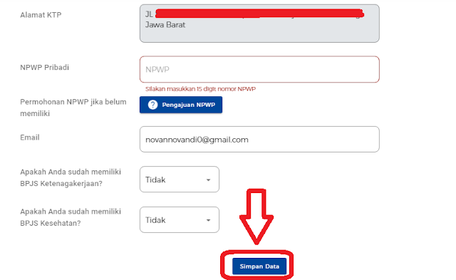 Jika anda sudah punya NPWP silahkan diisi dikolom yang tersedia, jika belum punya, lewati saja dan langsung pilih tombol "simpan data"