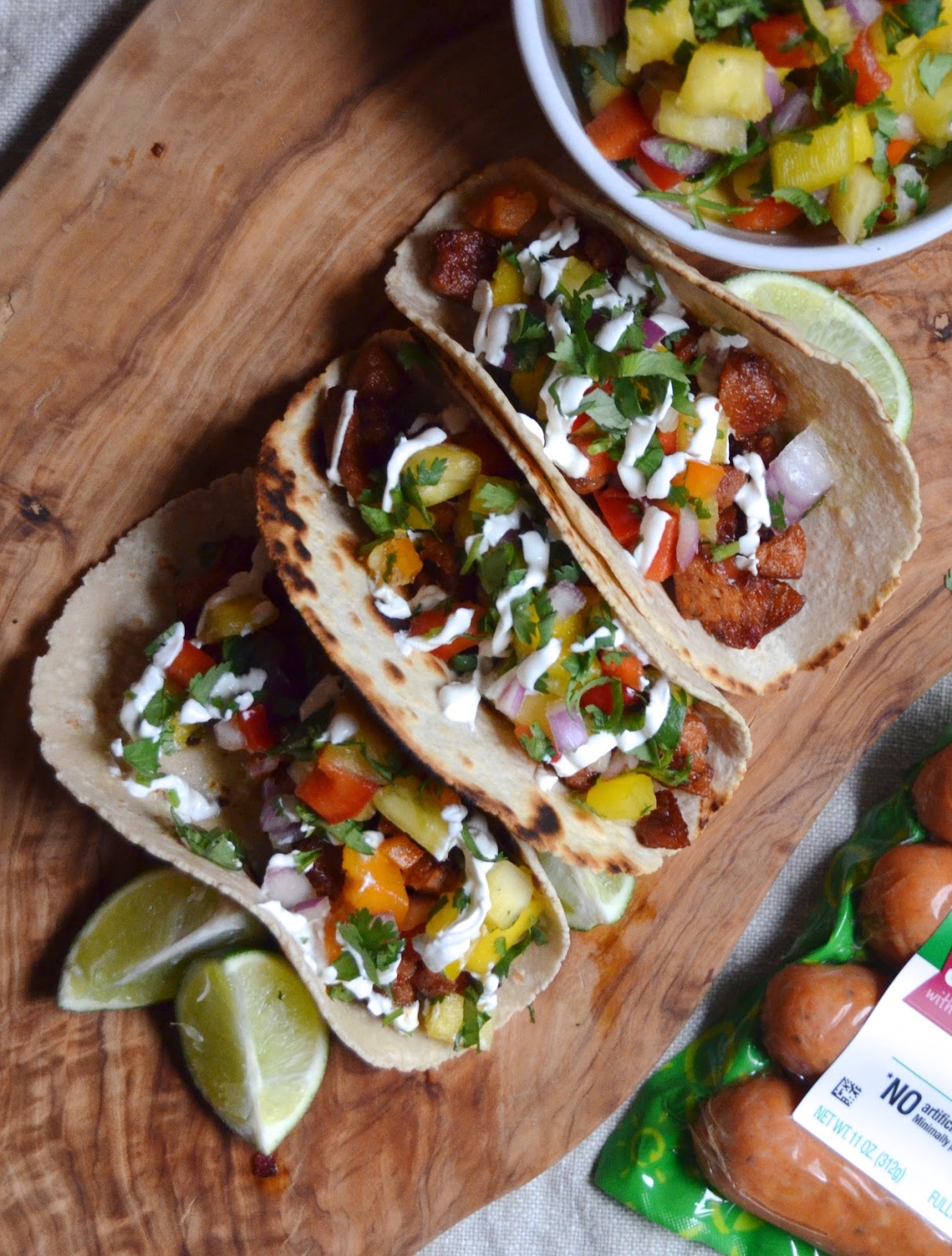 Andouille Chicken Sausage Tacos with Mango Pineapple Salsa Always Order Dessert