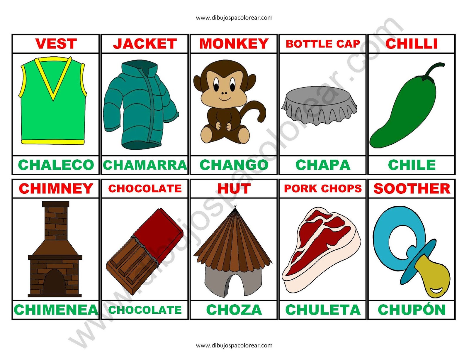 Memorama a color Español Ingles de la letra CH