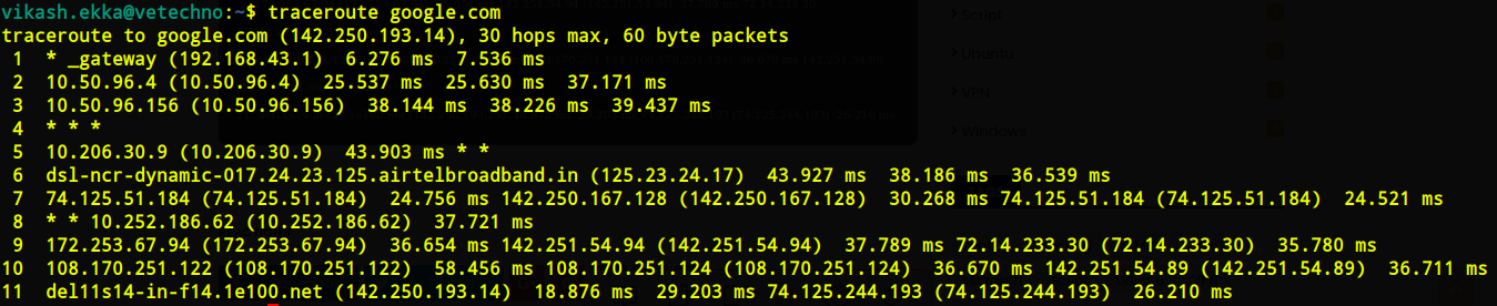 traceroute is a network troubleshooting utility which shows the number of hops