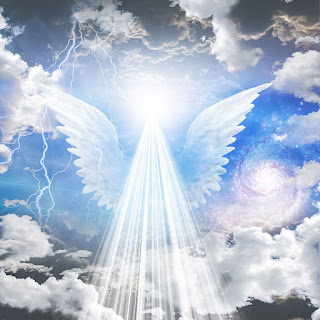 Angel portal A view of a blue sky and clouds with beams of light and wings shining down. Angel portal.