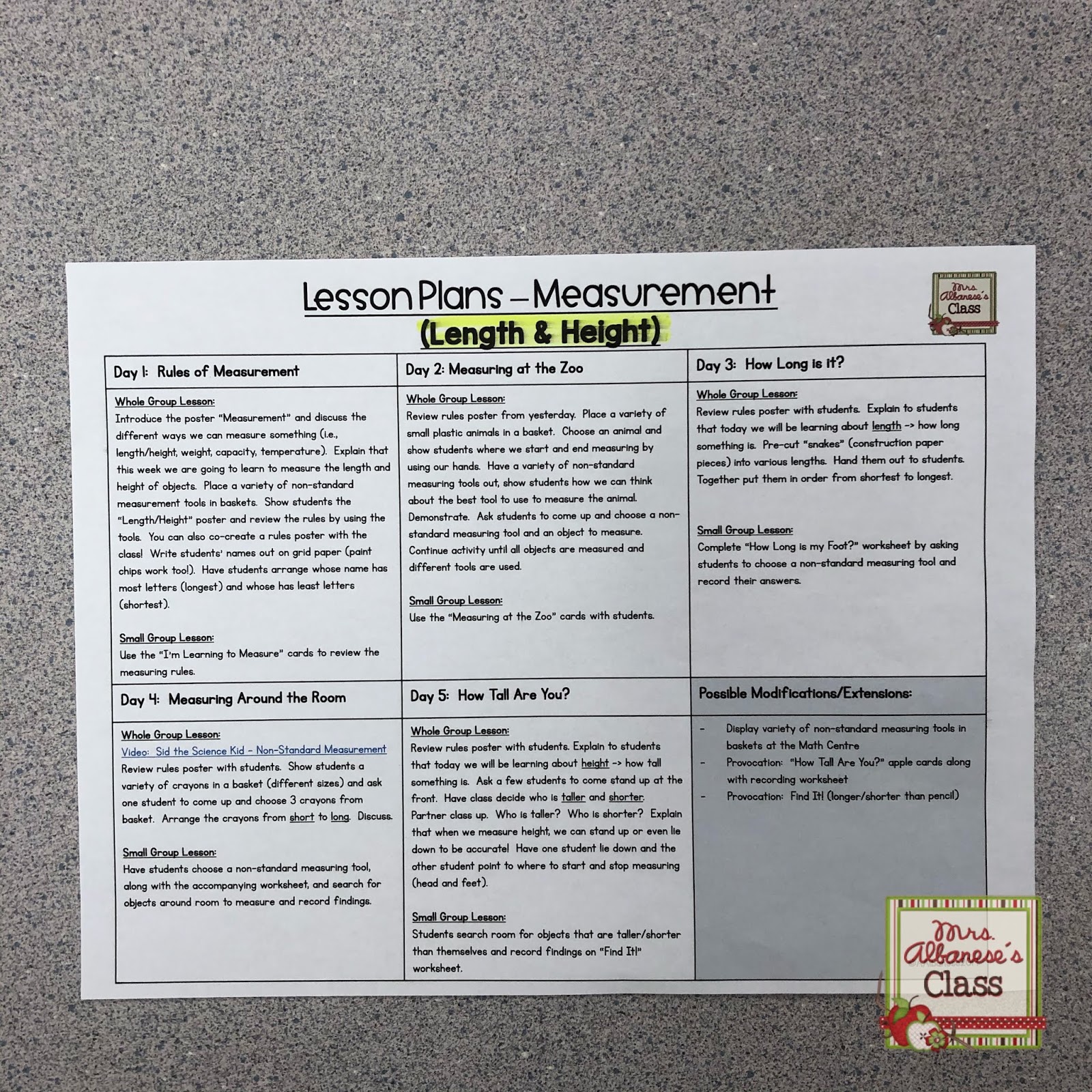 Measurement in Kindergarten Length and Height Mrs. Albanese's