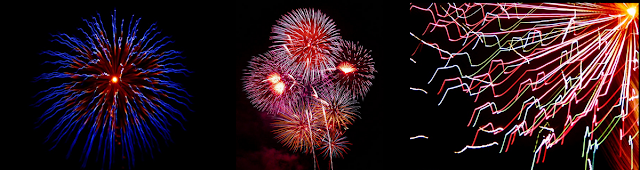 Fireworks, photos by J.J., center photo public domain