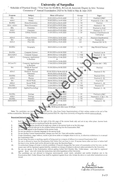 "BA 1st Annual 2020 Date Sheet Sargodha University"BSC 1st Annual 2020 UoS Date Sheet"