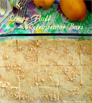 Lemon Fluff Refrigerator Bars (with a lower fat option) are a sweet, citrusy summer dessert. | Recipe developed by www.BakingInATornado.com | #recipe #dessert