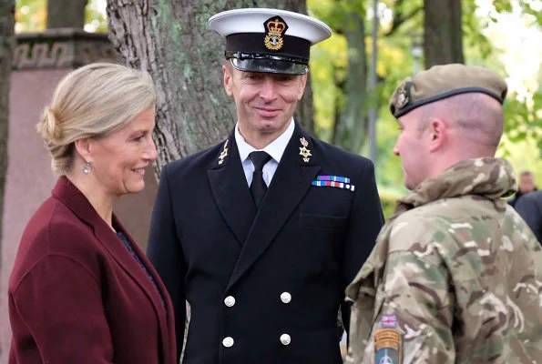 Prince Edward, Earl of Wessex and Sophie Countess of Wessex visited the Tallinn English College. Millington Wool Crepe Coat and wool dress