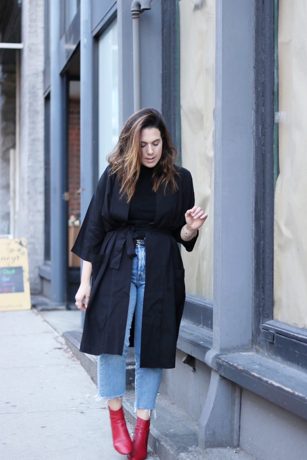 Frank and Oak Women robe coat kimono outfit vancouver fashion blogger red boots levis wedgie jeans
